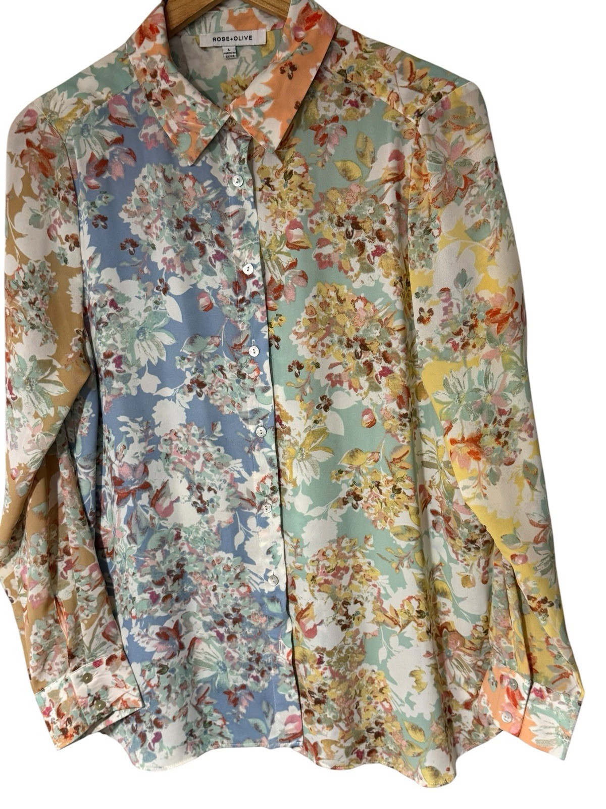 Rose & Olive Patchwork Floral Button Down Blouse Top Multicolor Large
