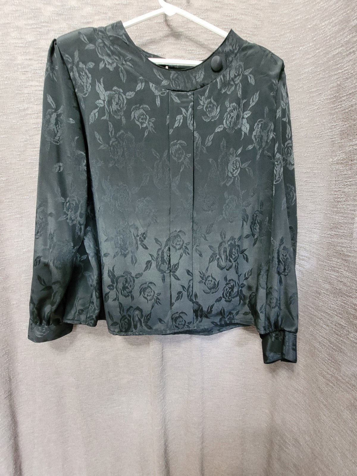 Vintage 80s Black Sateen Blouse 16 Elegant Mob Wife Rose Textured Big Shoulder