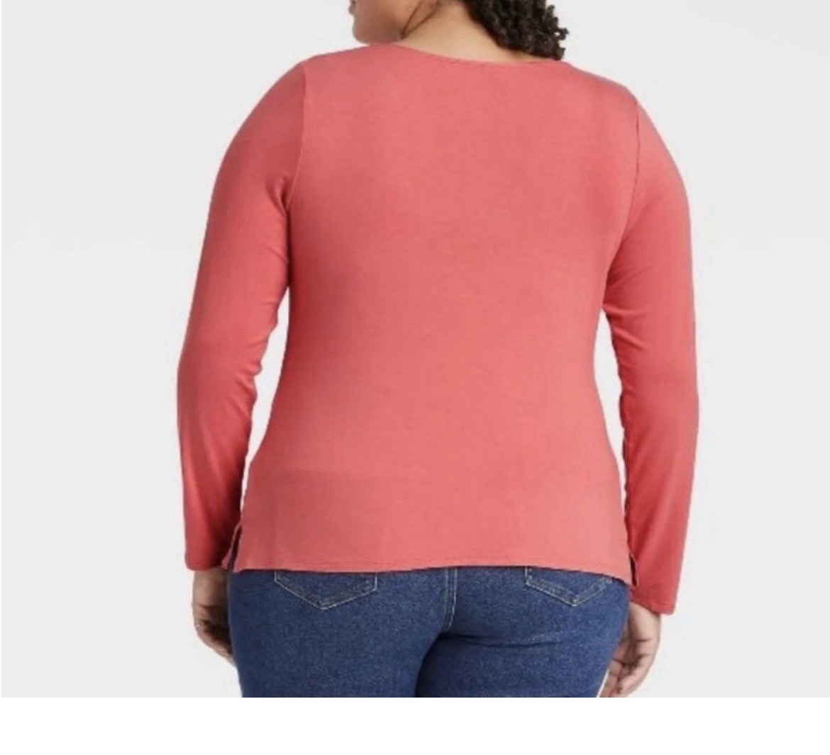 Ava & Viv Pink Solid Ruched V-Neck Long Sleeve Knit Top Plus 1X (16W/18W)