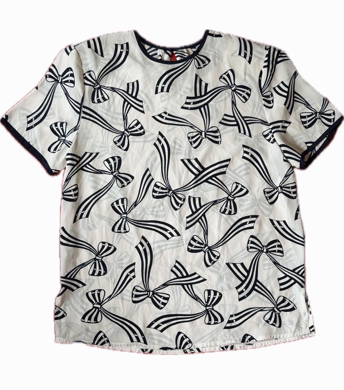 La Chine Classic By Galinda Wang Short Sleeve Bow Ribbon Print Blouse SZ 12