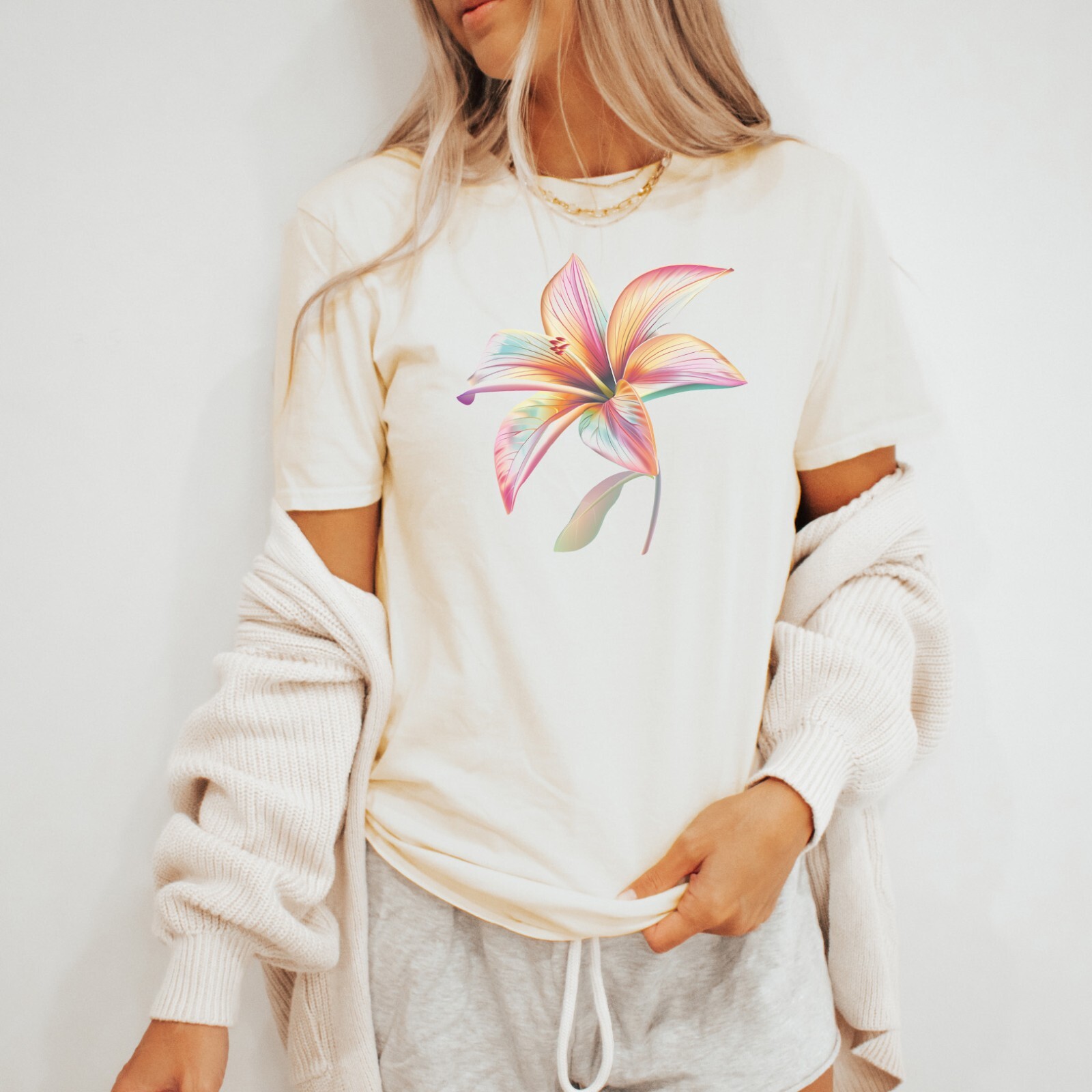 Pastel Lily Flower Graphic Tee Colorful Botanical Art Floral Shirt