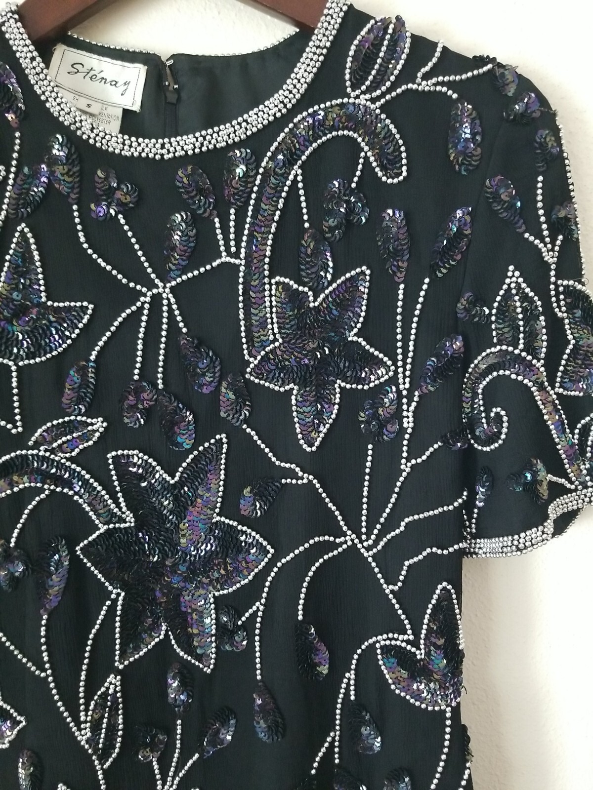 STENAY Women’s Short Sleeve Beaded w/ Sequins Black Silk Blouse Size S