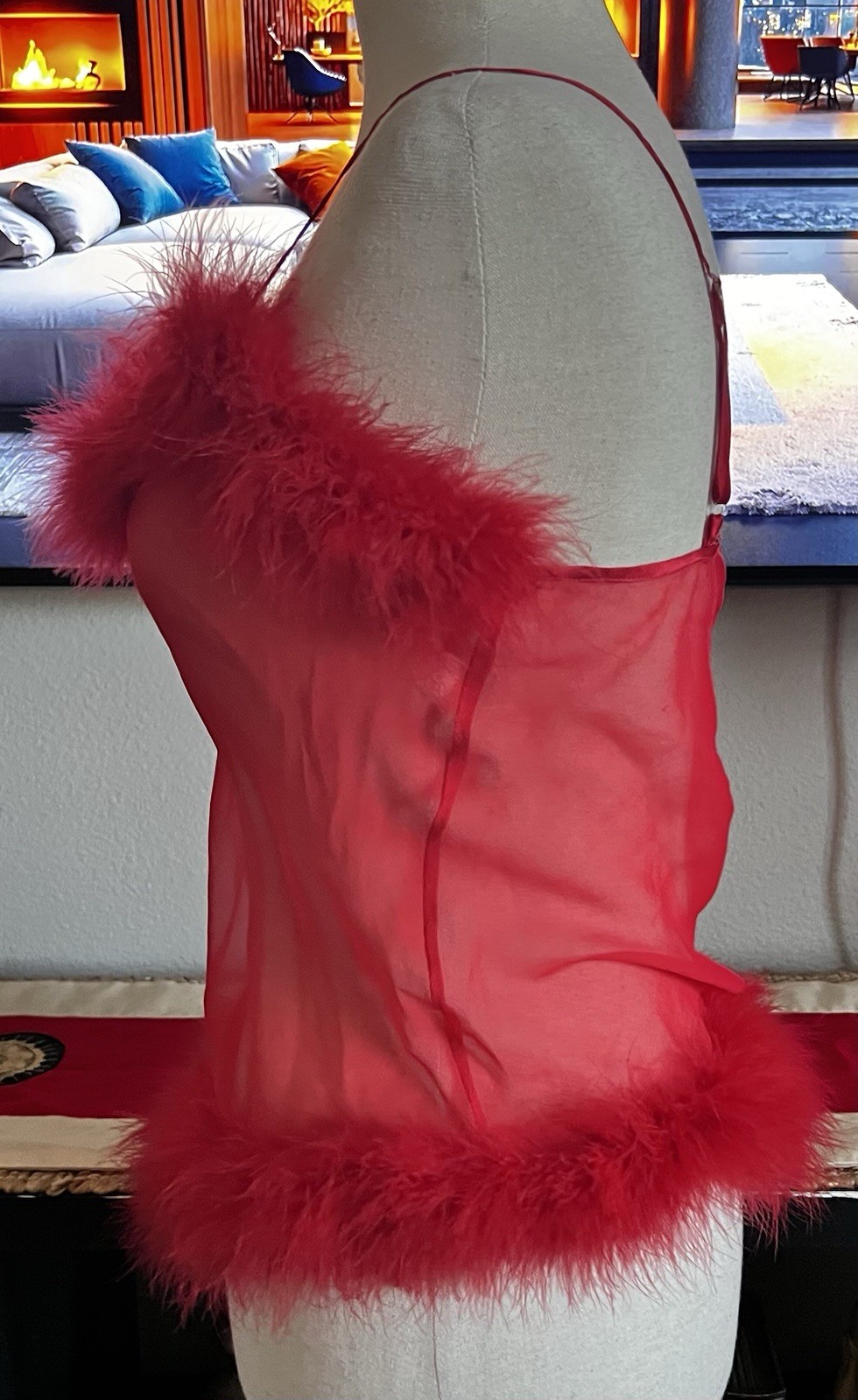 Womens Magic Silk 100% Silk red faux feather-trim babydoll see through tank top