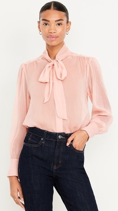 NWT Old Navy Sheer Chiffon Tie-Neck Blouse, Sz M, Pale Peach, Relaxed Fit