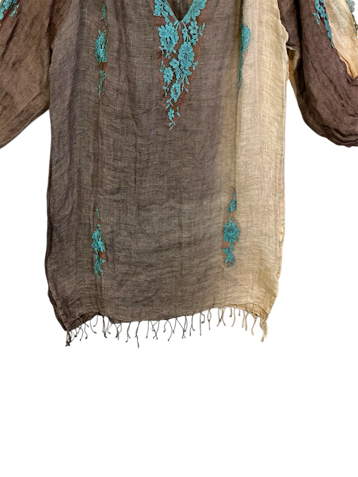 Vanita Rosa Paris Boho Gauze Tunic Fringe Embroidered Cold Shoulder Top L