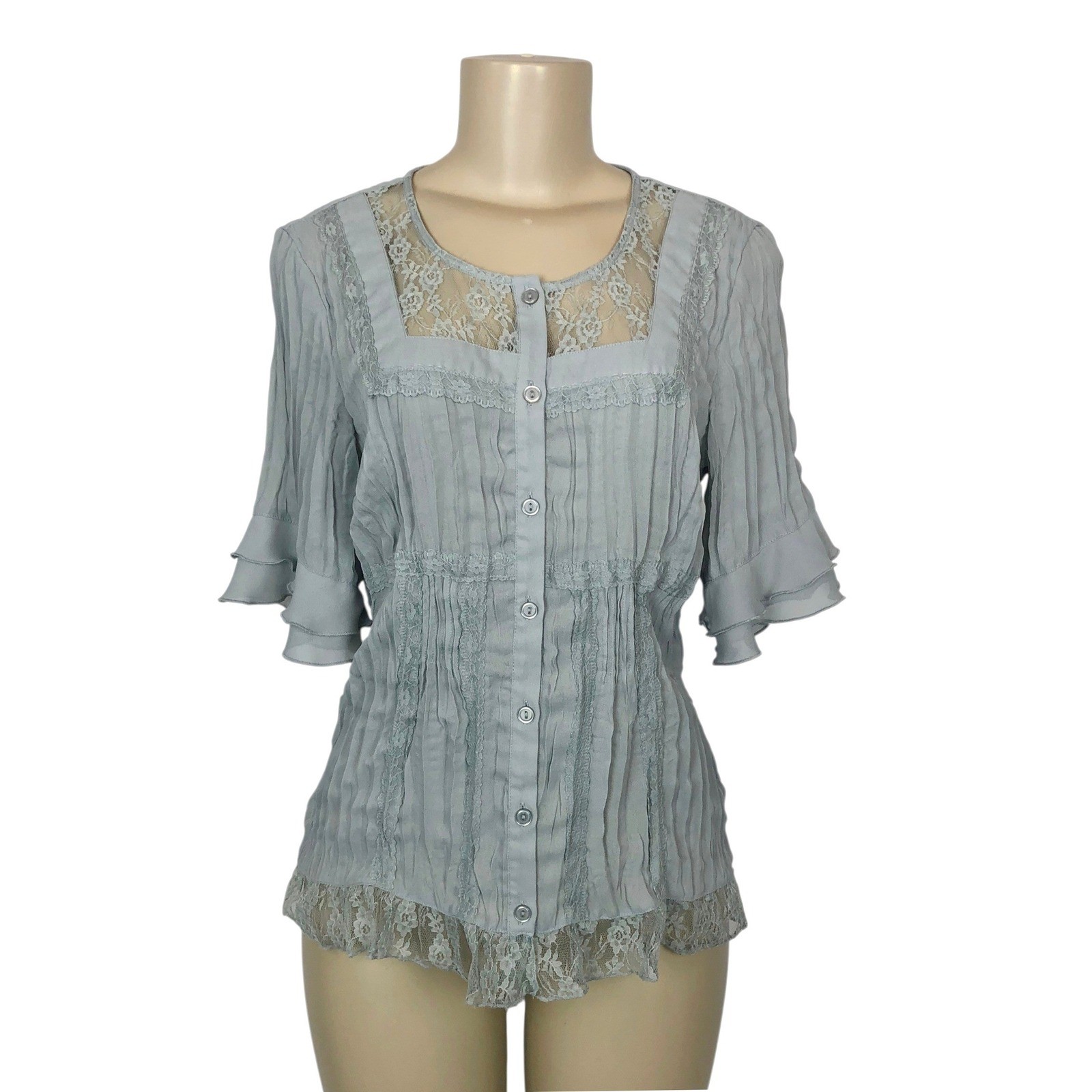 NY Collection Coquette Lace Trim Pleated Ruffle Blouse Top Small Office Pastel