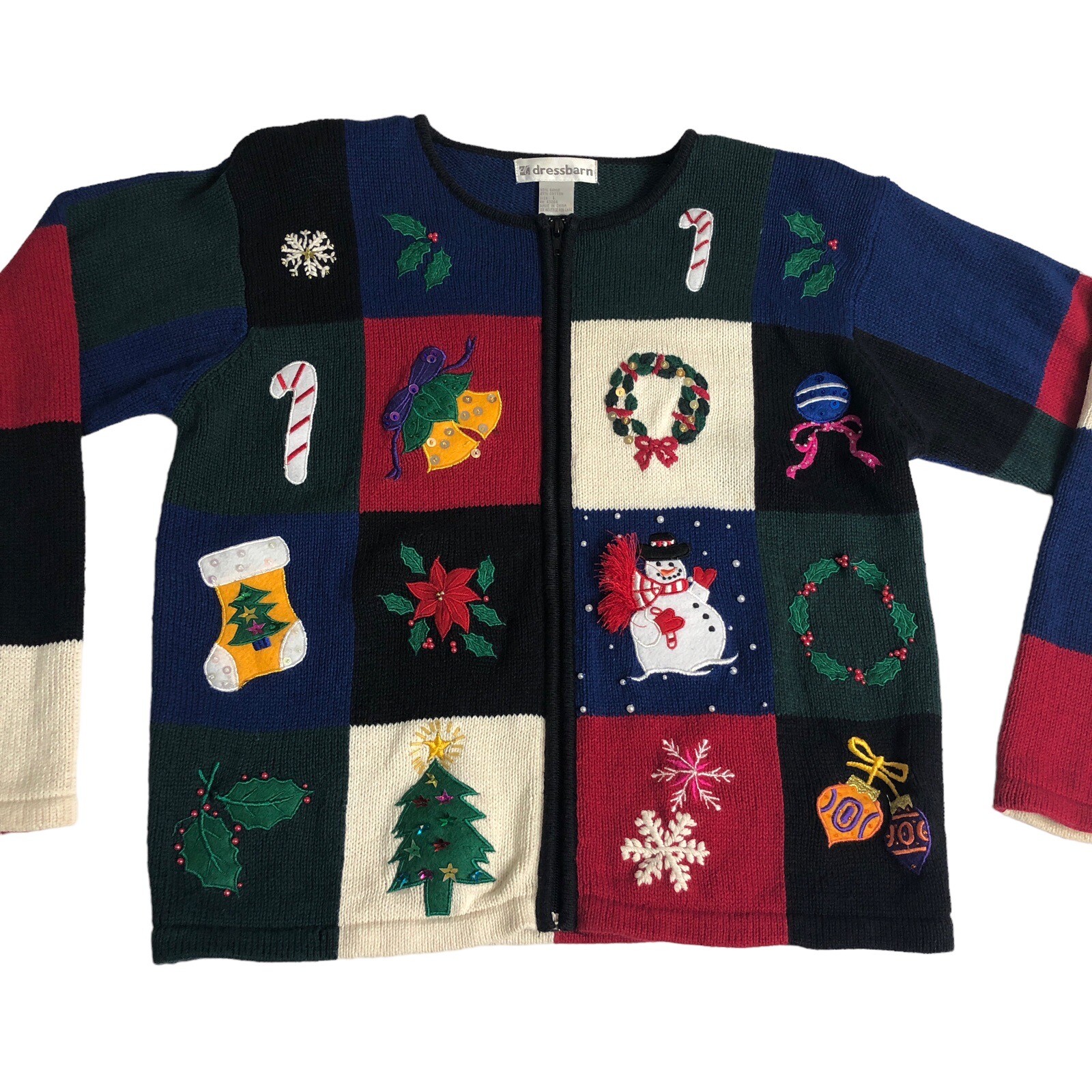 Vintage Dressbarn Christmas Cardigan Sweater Women L Knit Patchwork Sequin Zip