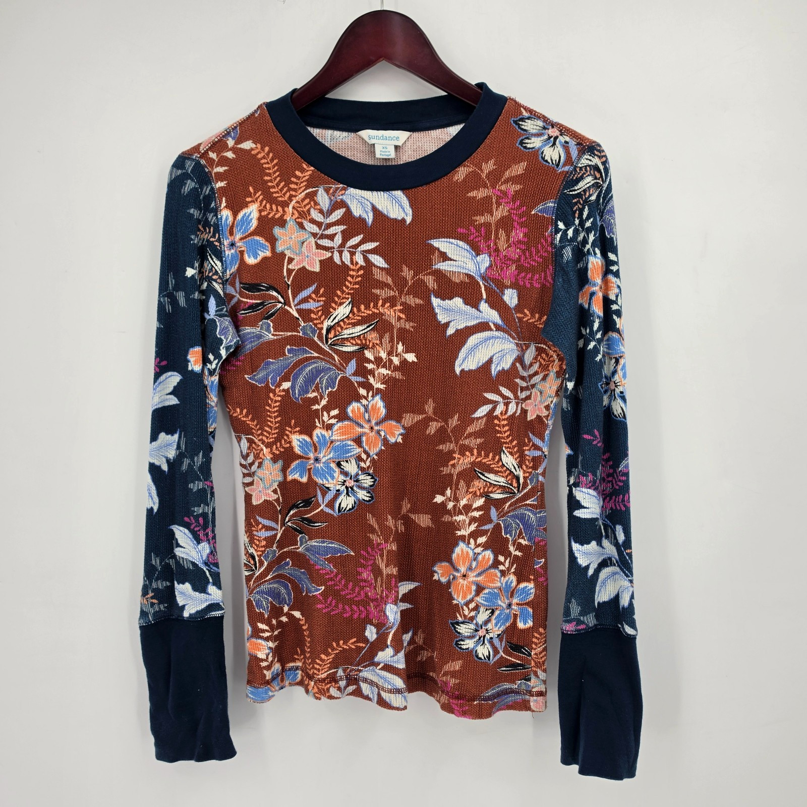 Sundance Thermal Waffle Top Women’s Size XS Shirt Brown Velvet Trim Floral Boho
