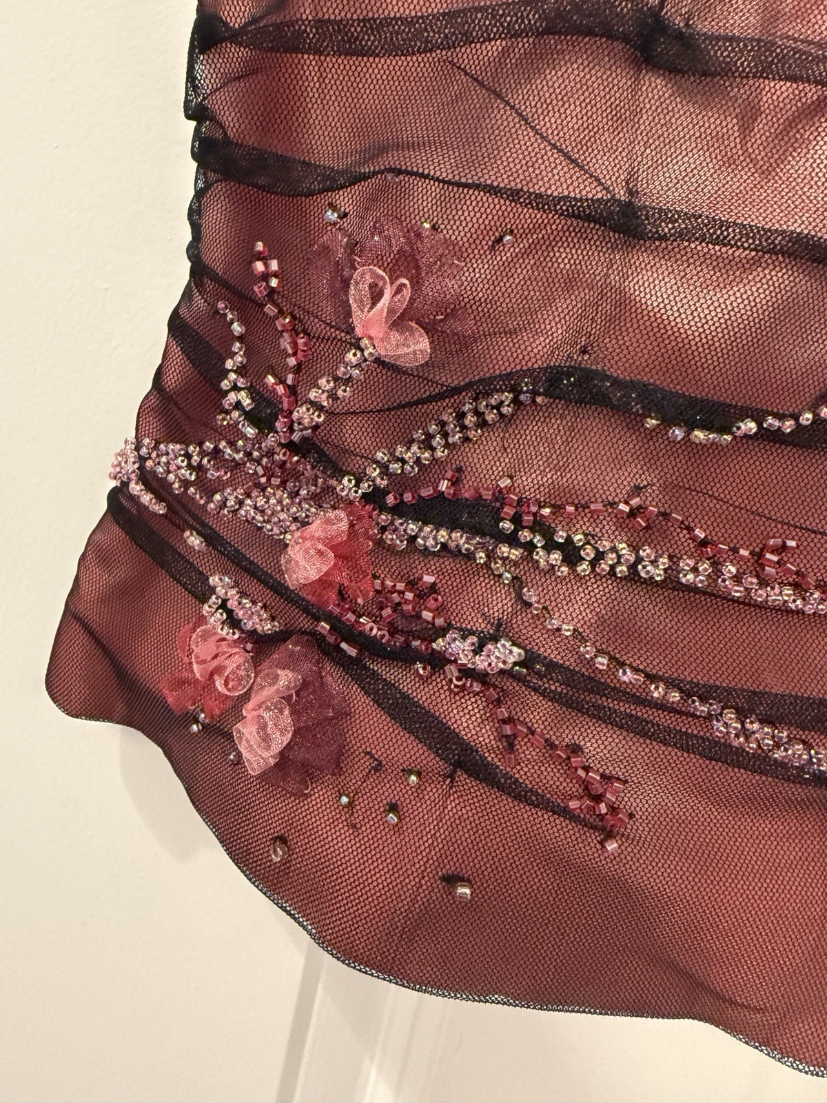 Kay Unger New York Pink Corset Cami Top W Black Mesh Tulle Overlay & Beading 10
