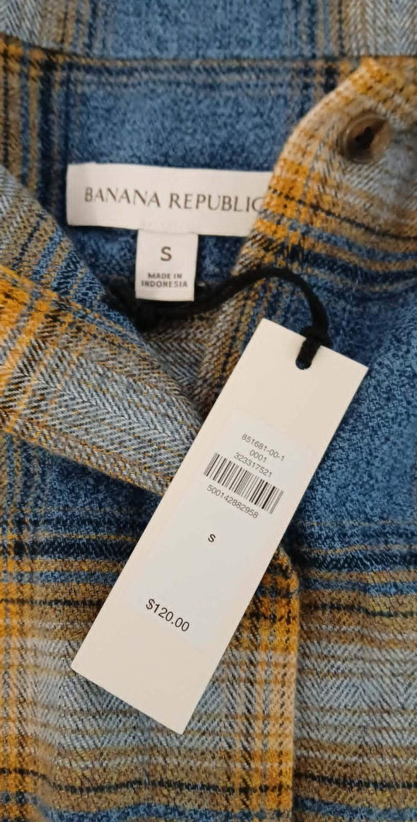 NWT Banana Republic Women’s Small Plaid shirt w/ oversized sleeves Orange/Blue