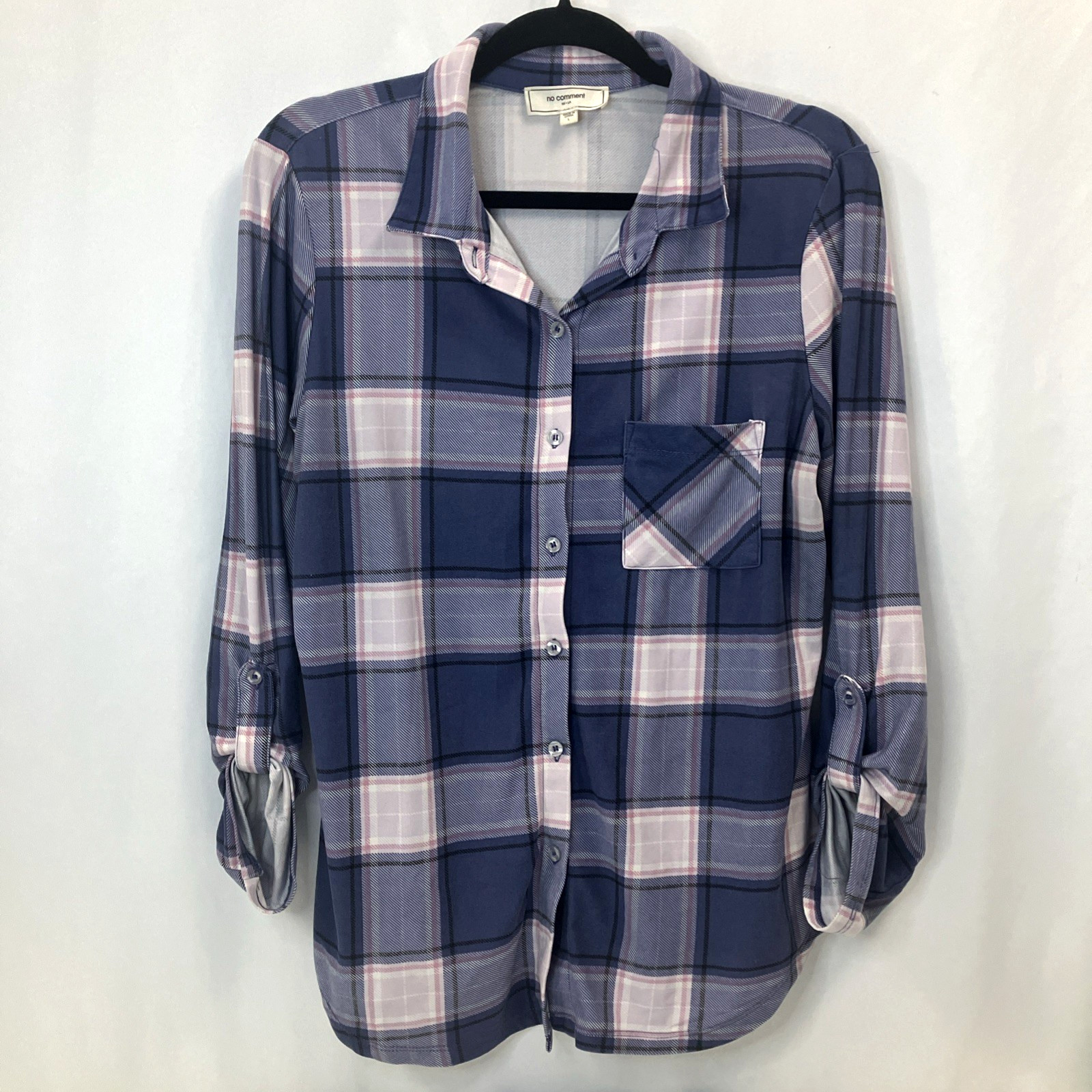 No Comment NY LA Blue Plaid Button Front Shirt Long Sleeve Women’s size L Large