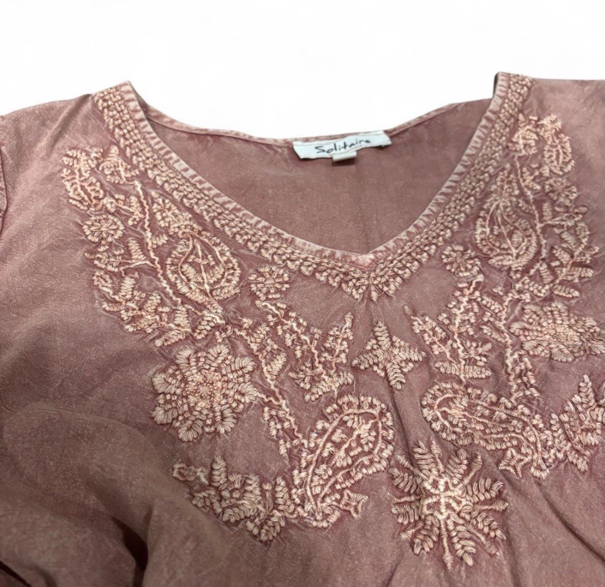 Womens Solitaire Rusty Orange Vneck Tshirt With Embroidery Details