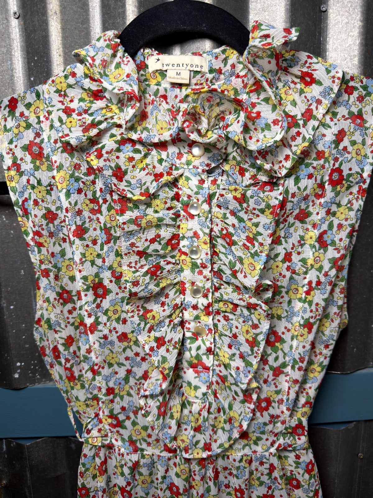 Twentyone Floral Ruffle Button Sleeveless Tie Waist Shirt Blouse Womens M Boho