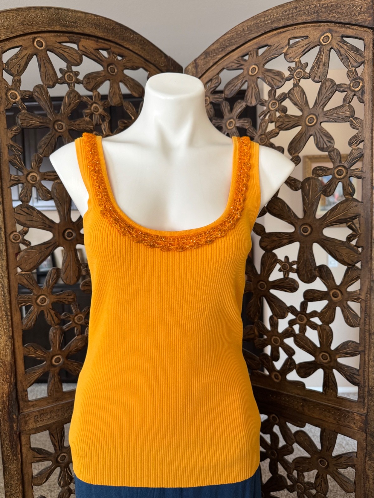 EUC Vtg Cache Y2k Women’s Ribbed Tangerine Knit Tank Top Beaded Scoop Neck Large
