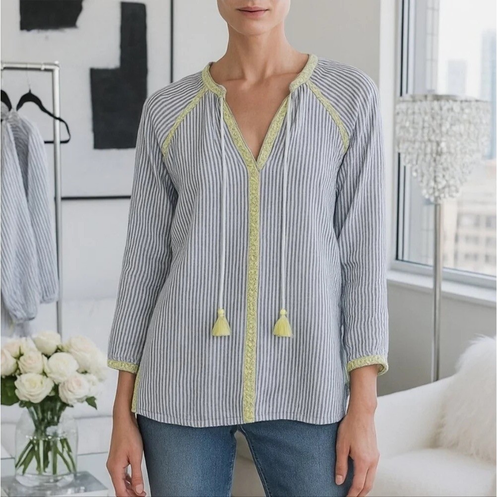 Spartina 449 Carlen Seersucker Tassel Tie Tunic Top Blue White 100% Linen Small