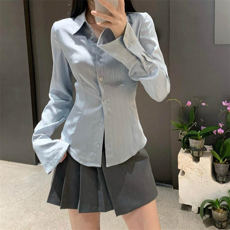 Spring Smooth Slim Fit Shirt Light Blue Long Sleeved Shirt Women’s Tops