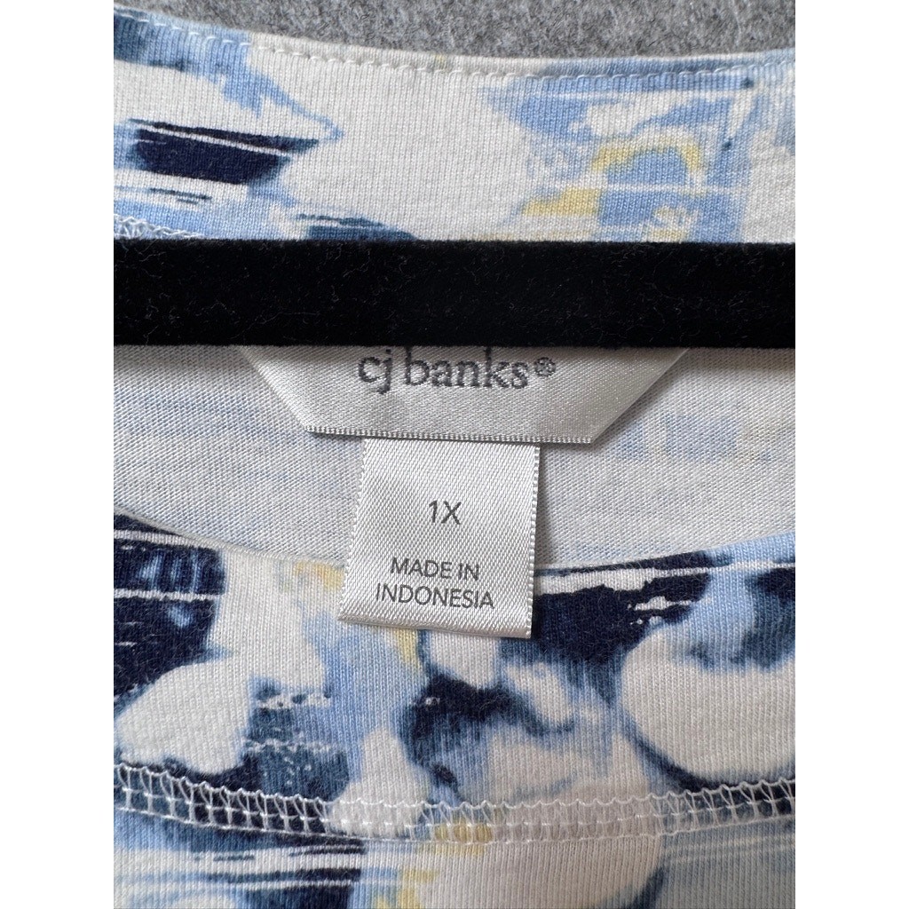 CJ Banks Floral Abstract Print Top 1X Blue White Yellow Cotton Modal 3/4 Sleeve