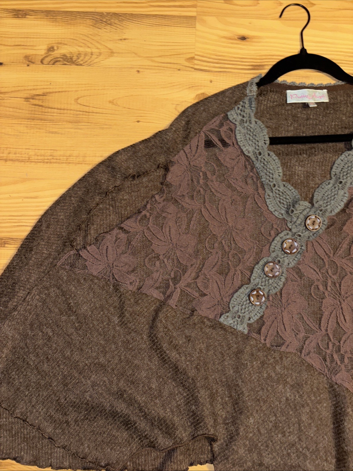 Pretty Angel Oversized S Brown One Sleeve Asymmetric Lace Button Fairycore Top