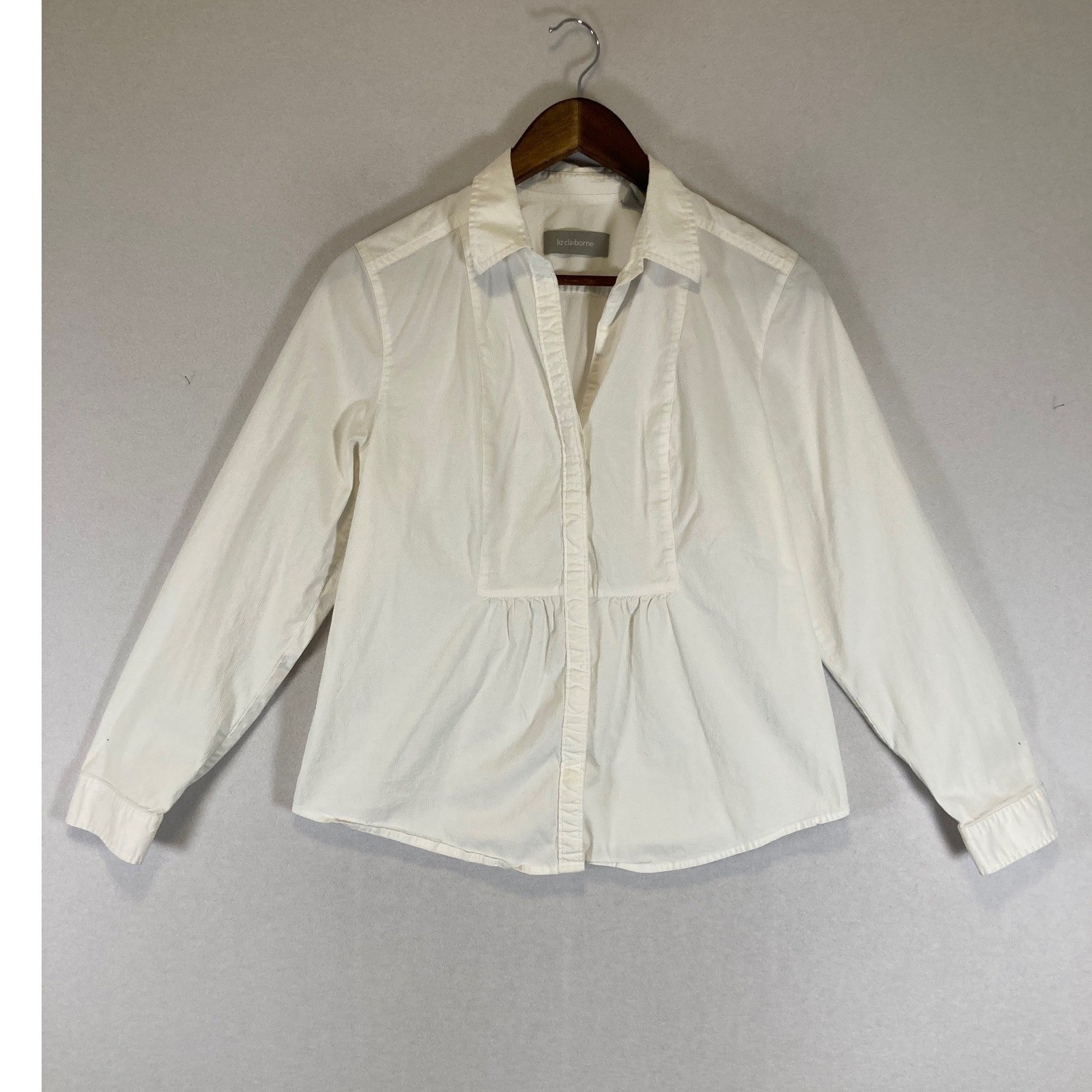 Classic Professional Liz Claiborne Women LG White Pleated Bib Blouse Long Sleeve