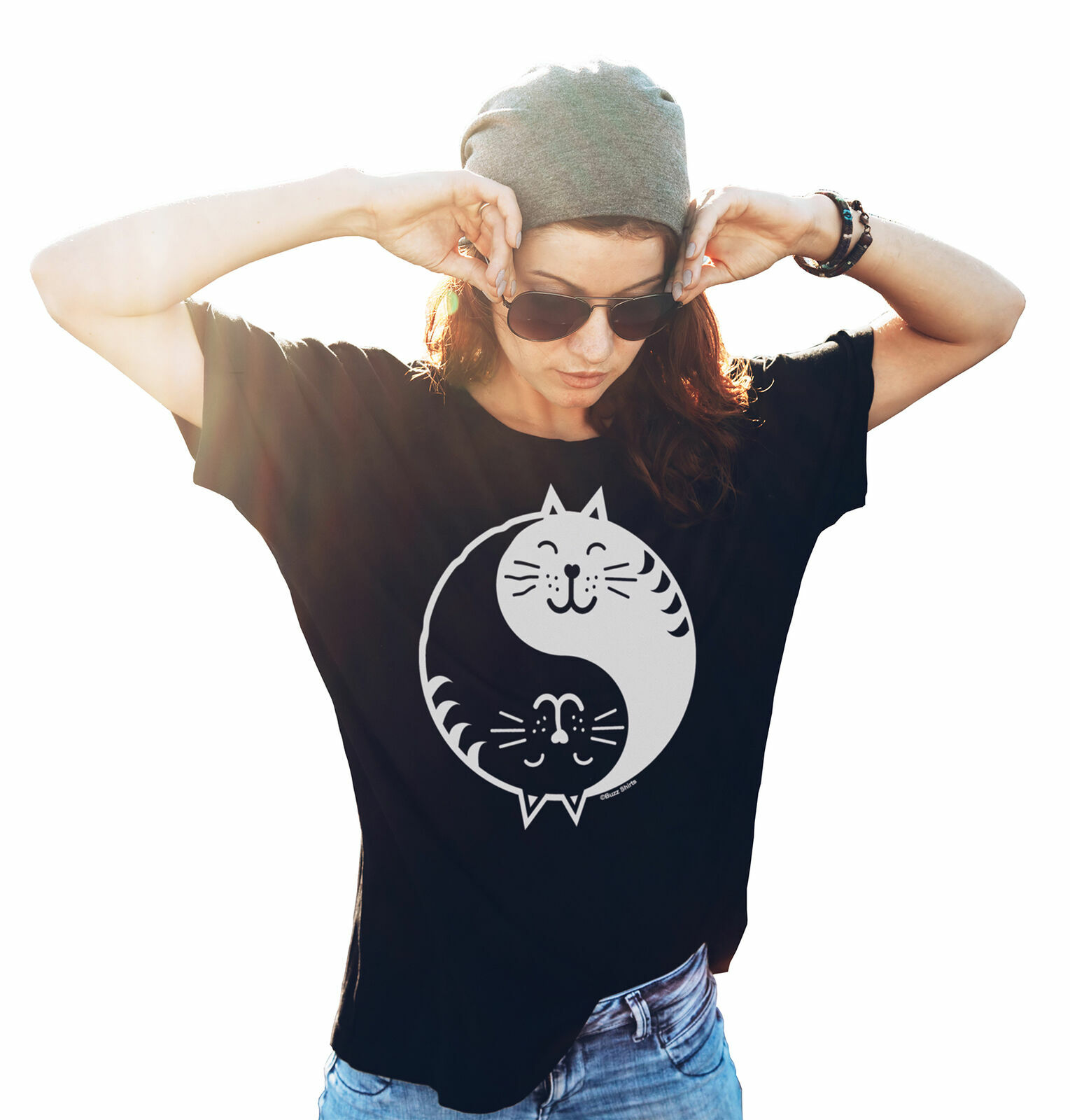 Ladies Funny CAT T-Shirt YIN YANG Crazy Cat Lady GIFT Birthday Womens