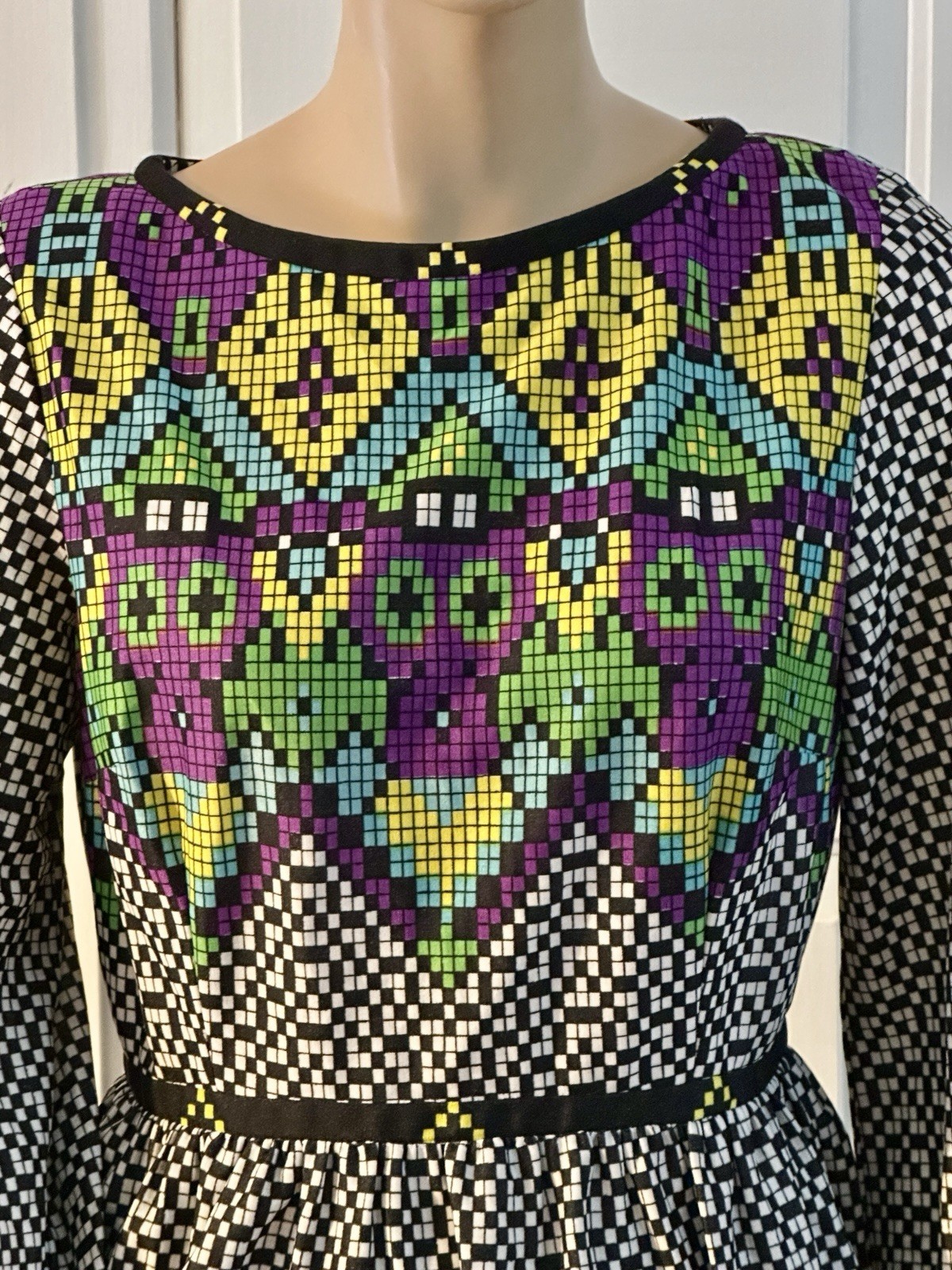 Vintage I.Magnin Graphic Blouse Empire Waist Pixelated B&W Checkerboard Morphew