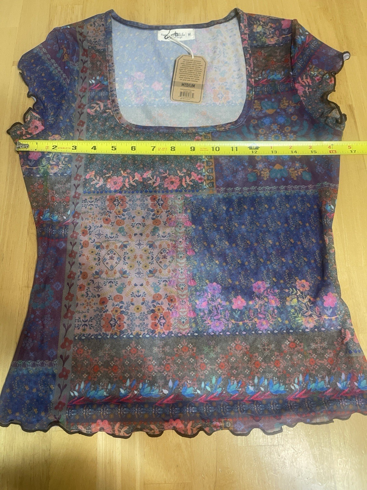NWT Natural Life Carina Mesh Floral Colorful Sheer Short Slv Square Neck Top M