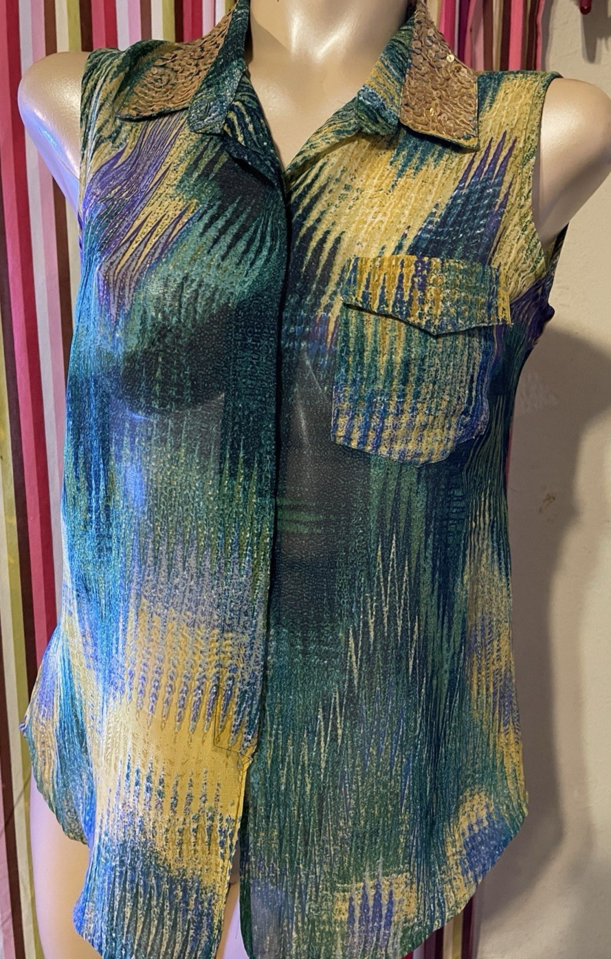 Sunny Taylor Women Shirt, Size M, Green Sleeveless 100% Polyester Button Down