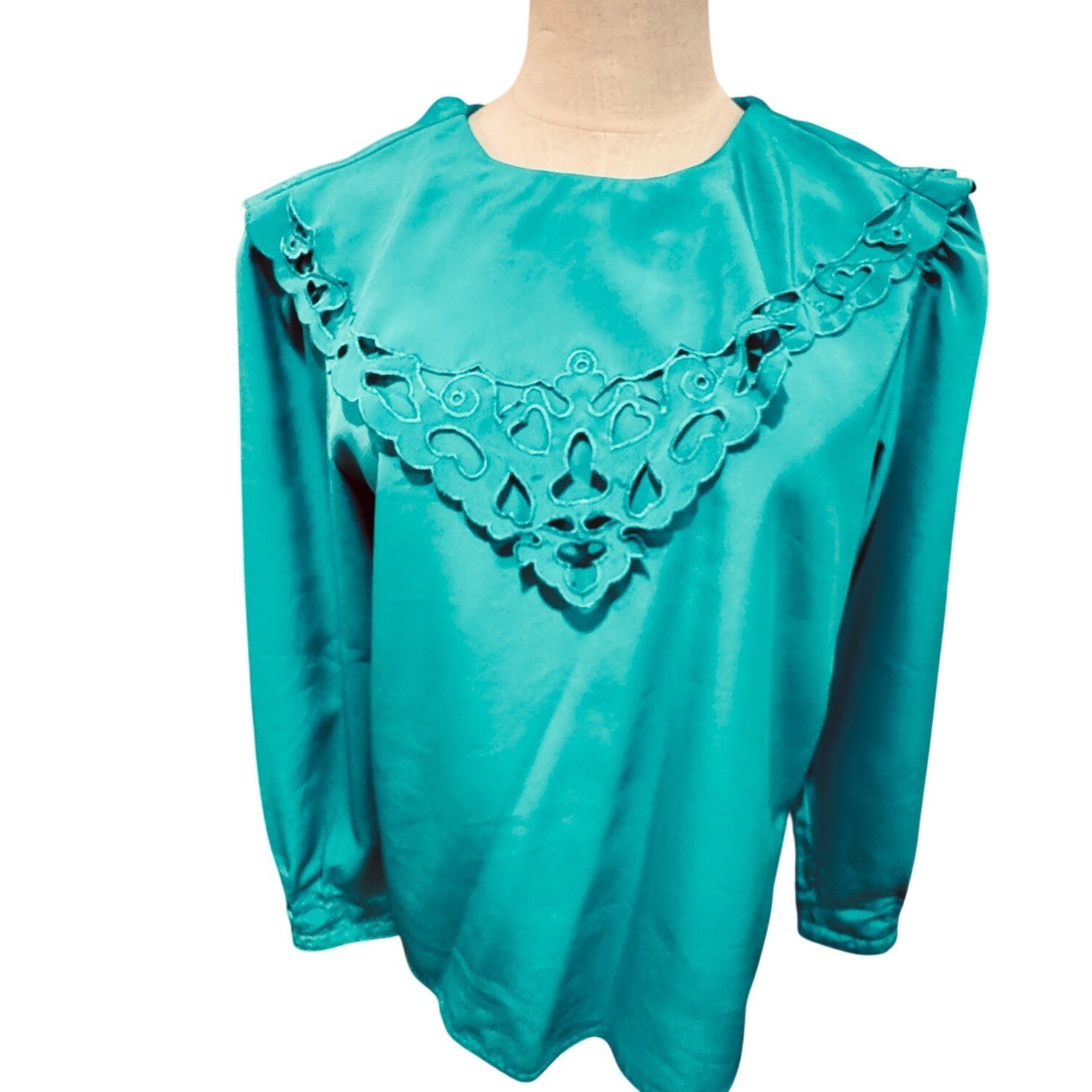 Nilani Teal Satin Cutout Collar Long Sleeve Blouse Top Vintage 6 Retro 80s-90s
