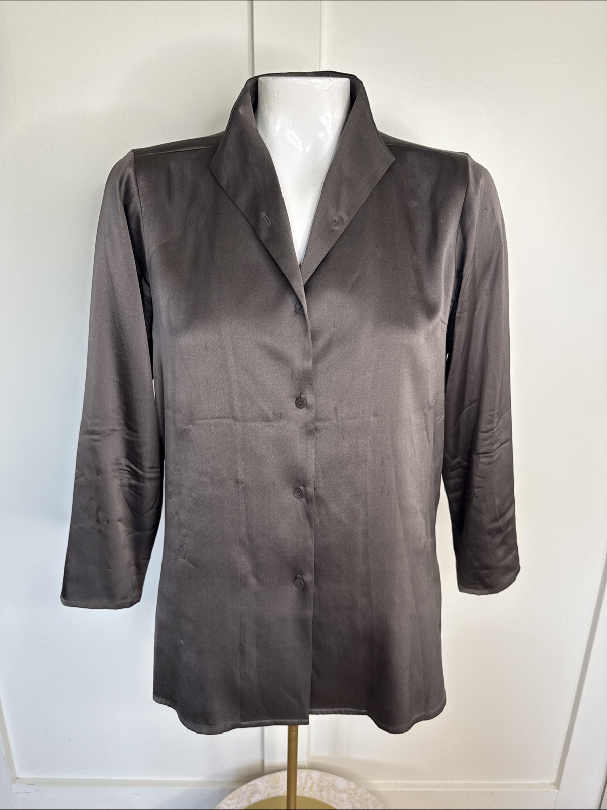 Eileen Fisher Systems XS Brown Career Blouse Stand Up Collar Silk Spandex Blend