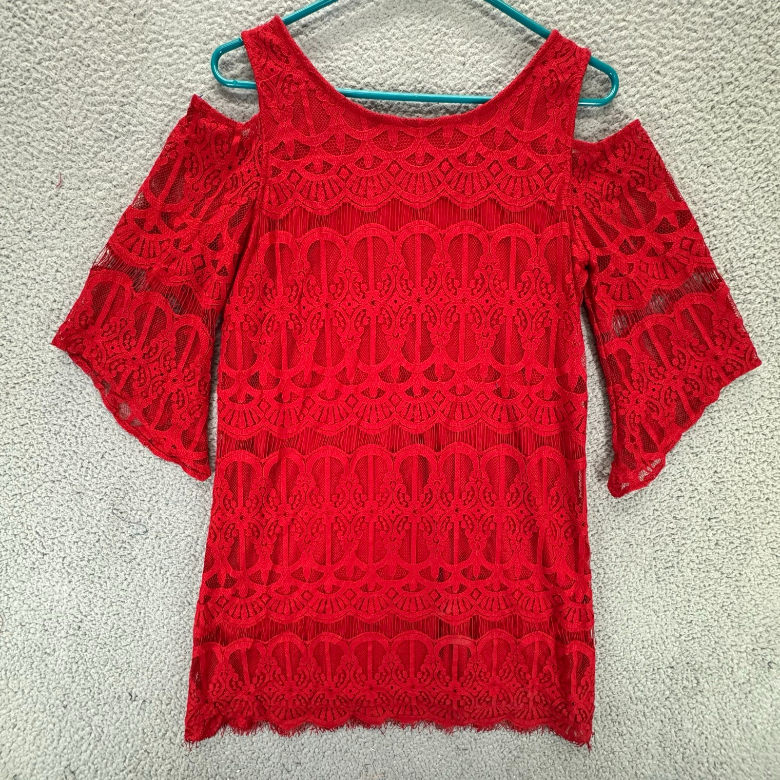Blue Rain Tunic Blouse Womens Small Red Lace Crochet Overlay Romantic Boho Chic