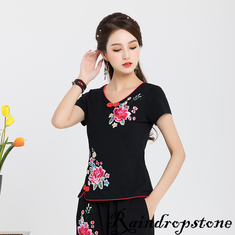 Chinese Style Womens Casual Long Sleeve T-shirts Tops Embriodery Shirts Blouse