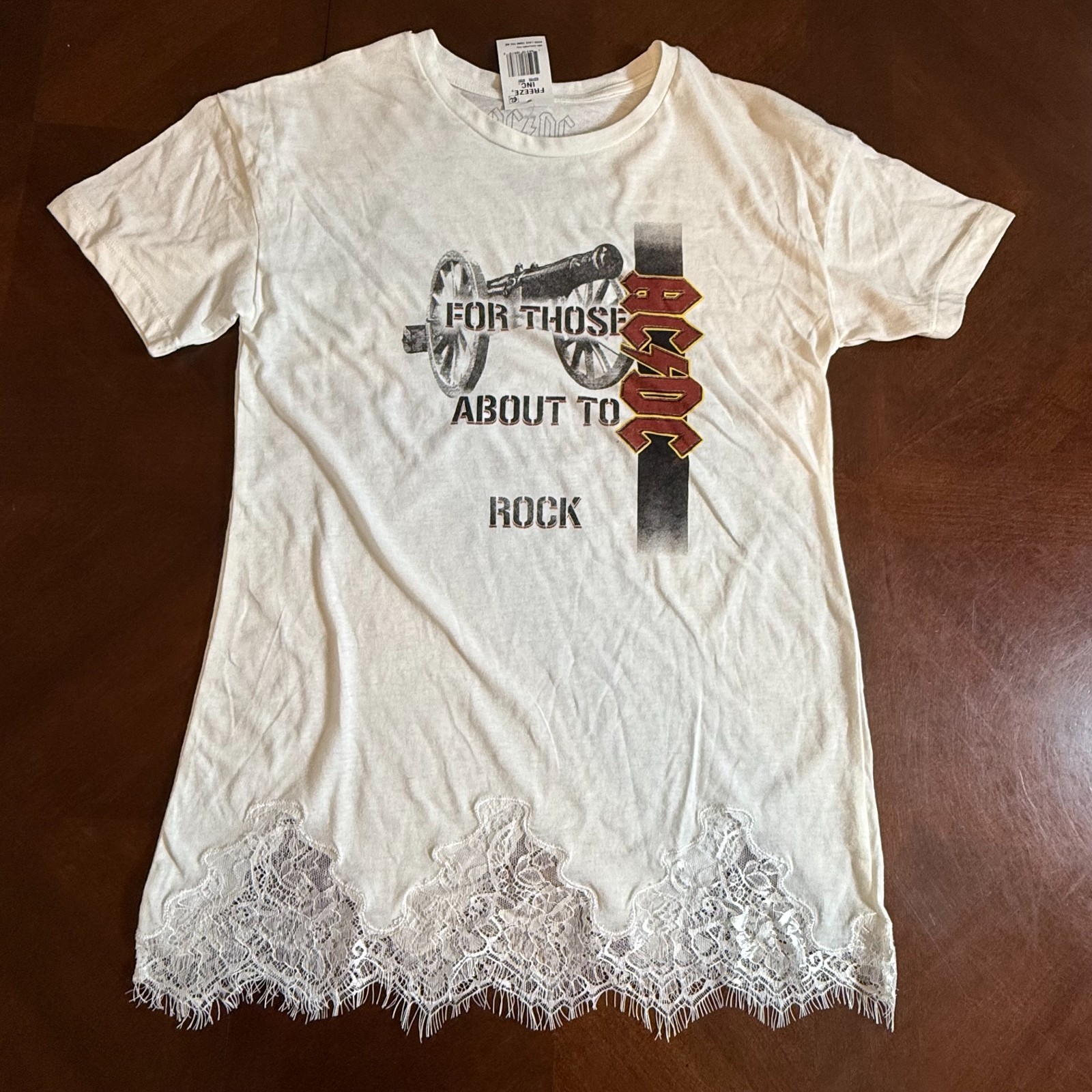 AC/DC For Those About To Rock Lace Trim T-Shirt M White Graphic Band Tee NWT