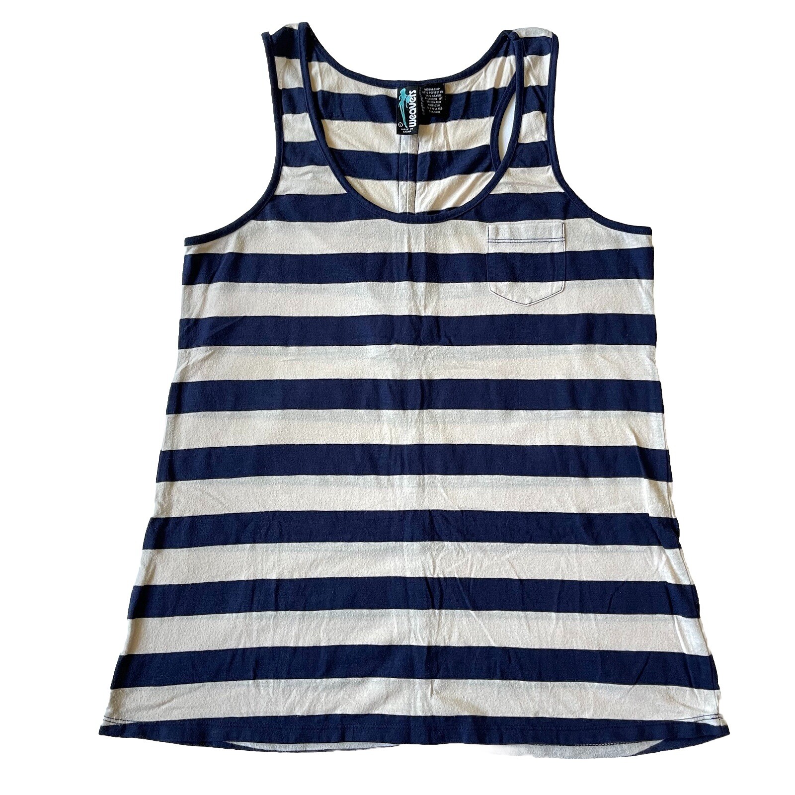 Weavers Top L Tank Striped Navy Blue White Nautical Sailor Stud Racerback Pocket