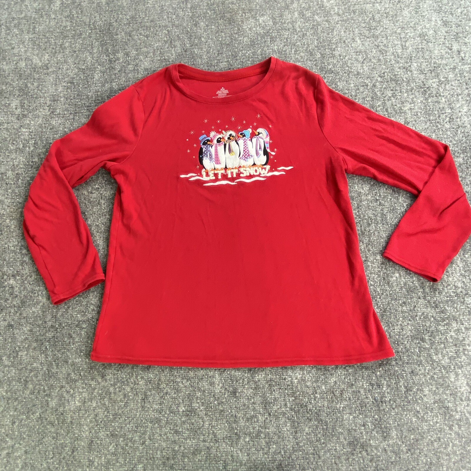 Christmas Let It Snow Penguin Top Women M Red Embroidered Sequin Holiday Winter