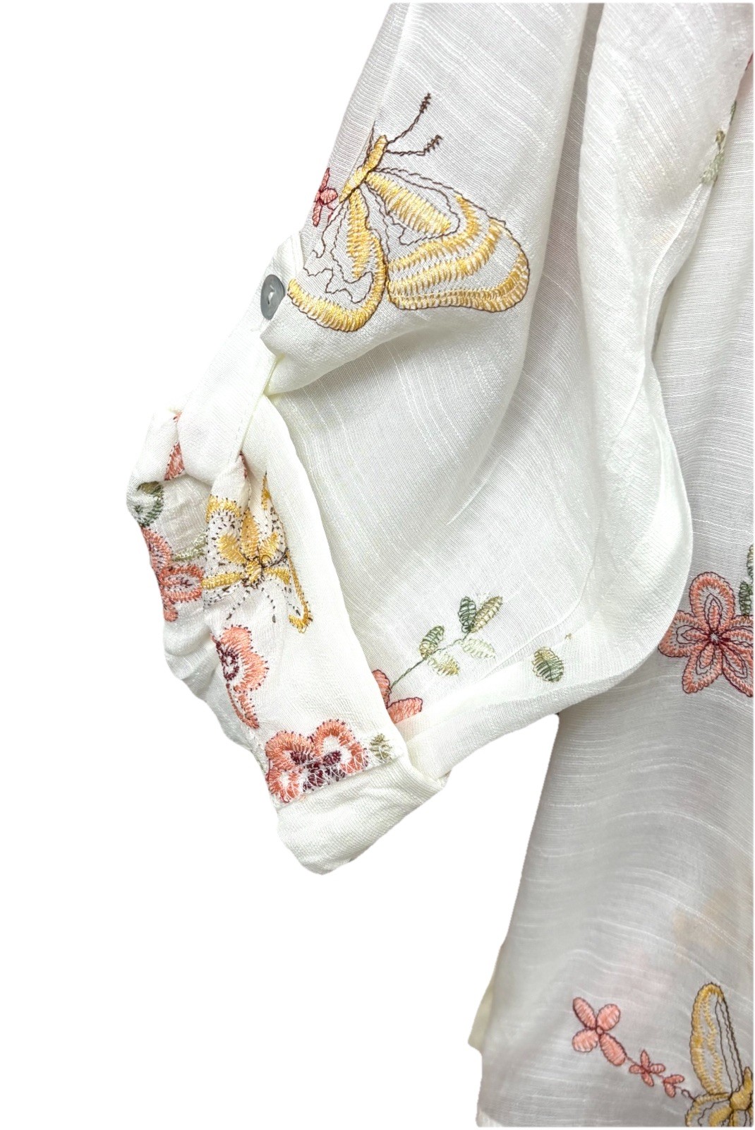 FIG & FLOWER EMBROIDERED TOP 2X/3X BOHO SHEER FLORAL BUTTERFLY RAYON ROLL TAB