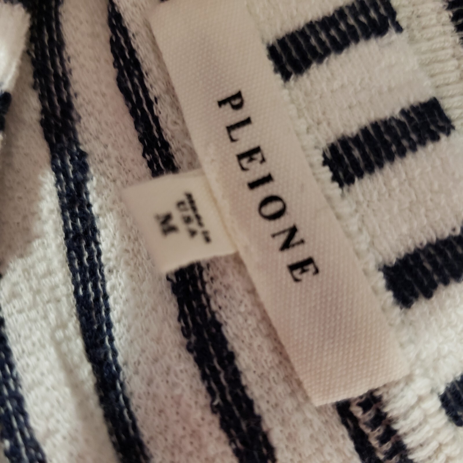 Pleione M Knit Top Cream Blue Stripe Pleated Back Scandi Minimalist Quiet Luxury