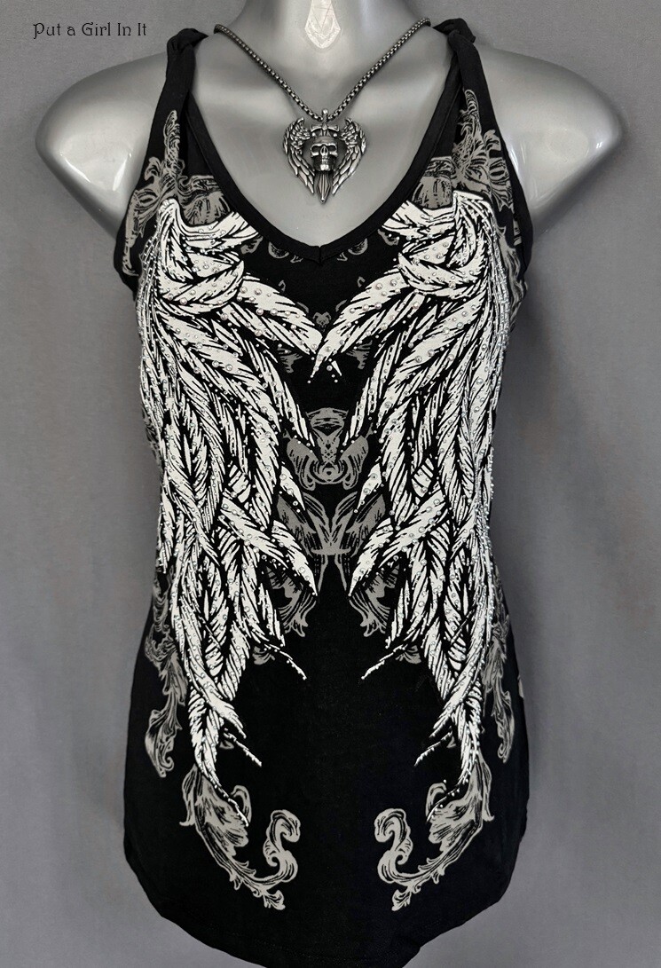 New Womens CRYSTAL BLACK BIKER BRAIDED ANGEL WINGS TANK TOP S M L XL 1X 2X 3X