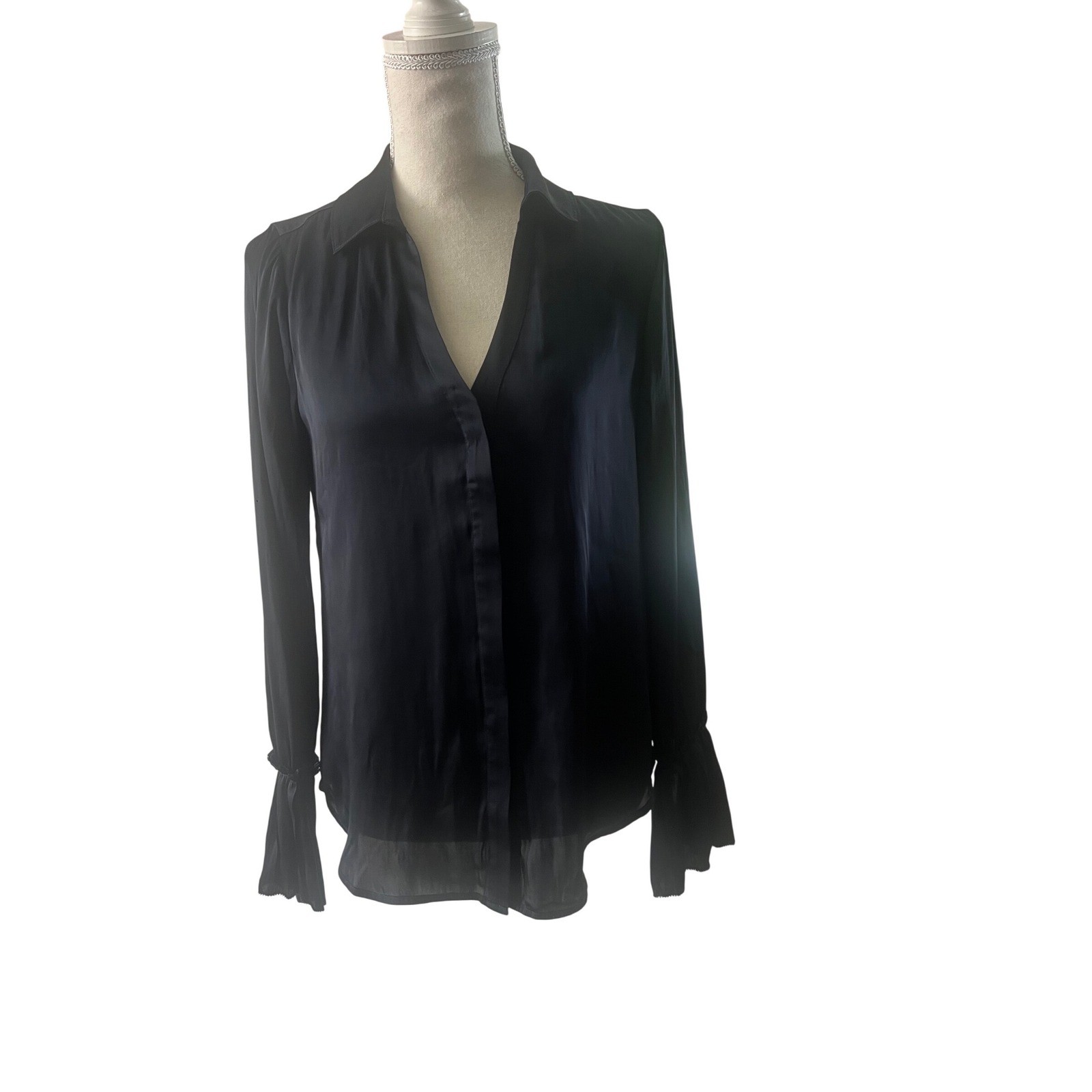 PAIGE Navy Blue V-Neck Long Sleeve Blouse Pleated Flared Cuffs 4099E25-6148