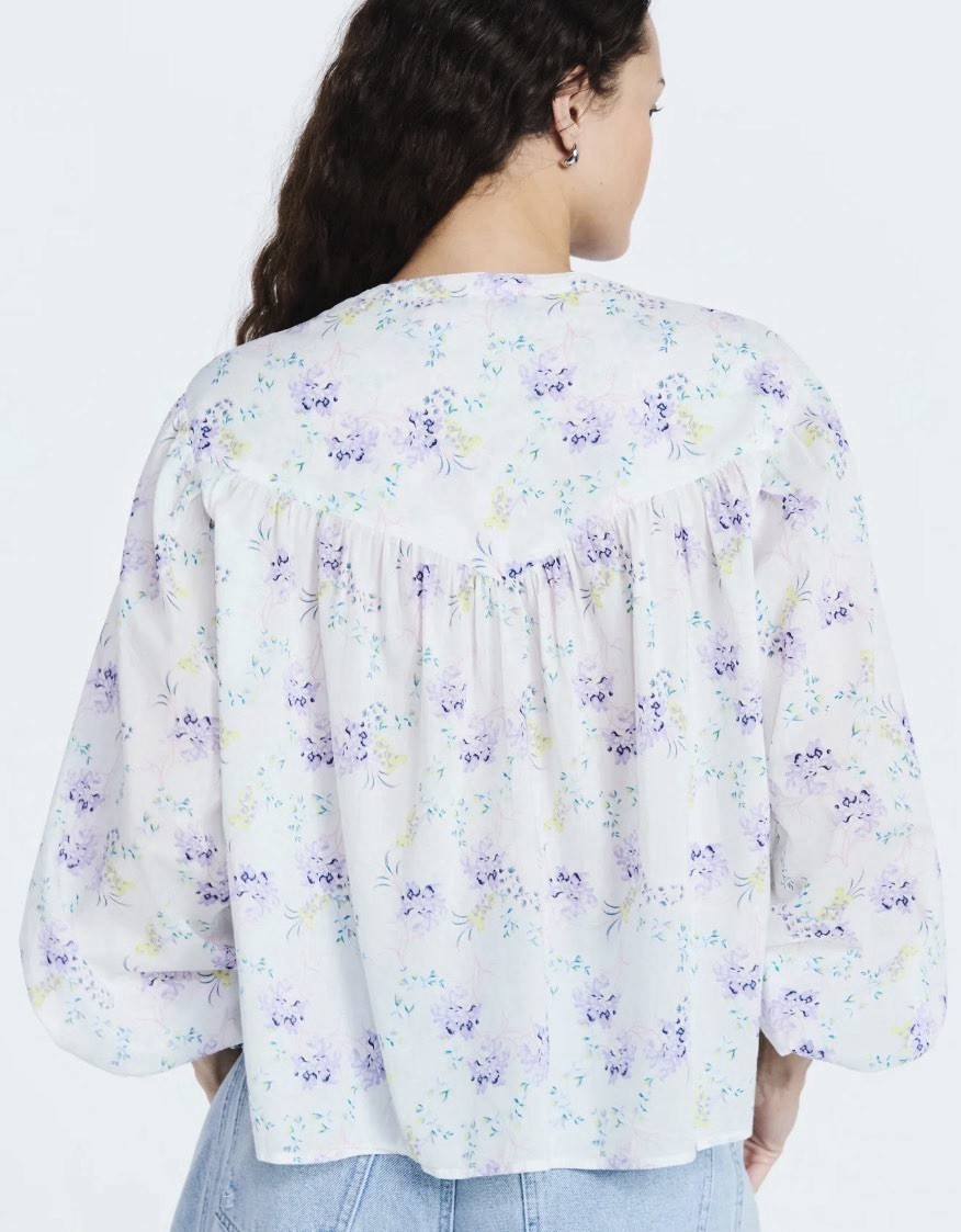 Scoop Button White Floral Print Boho Flowy Hippie Blouse X-SMALL NEW #16016-17