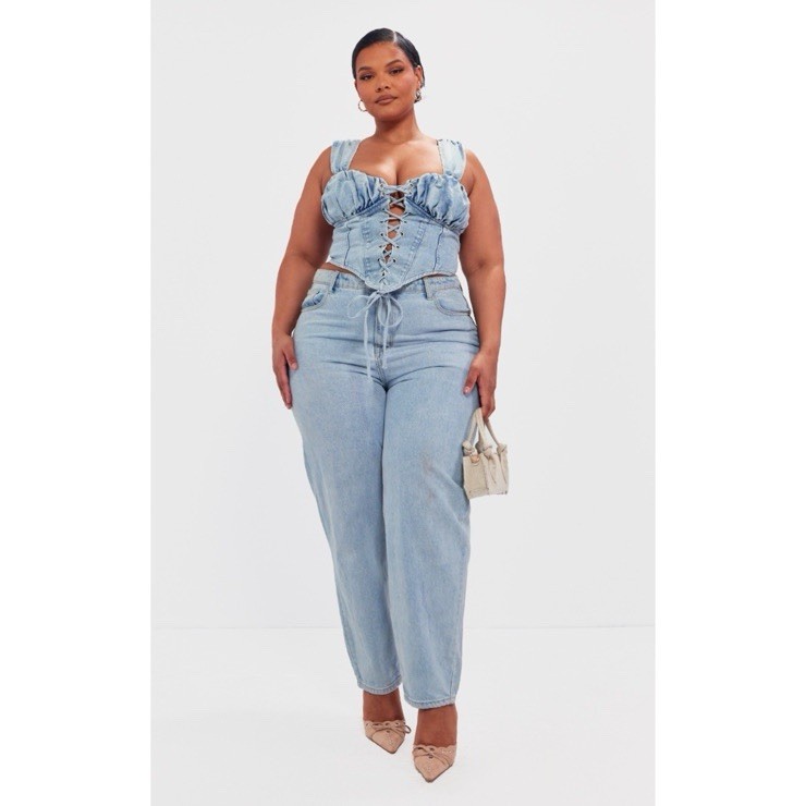 PLT PLUS VINTAGE BLEACH WASH RUCHED BUST DETAIL DENIM LACE UP CORSET US 20 UK 24
