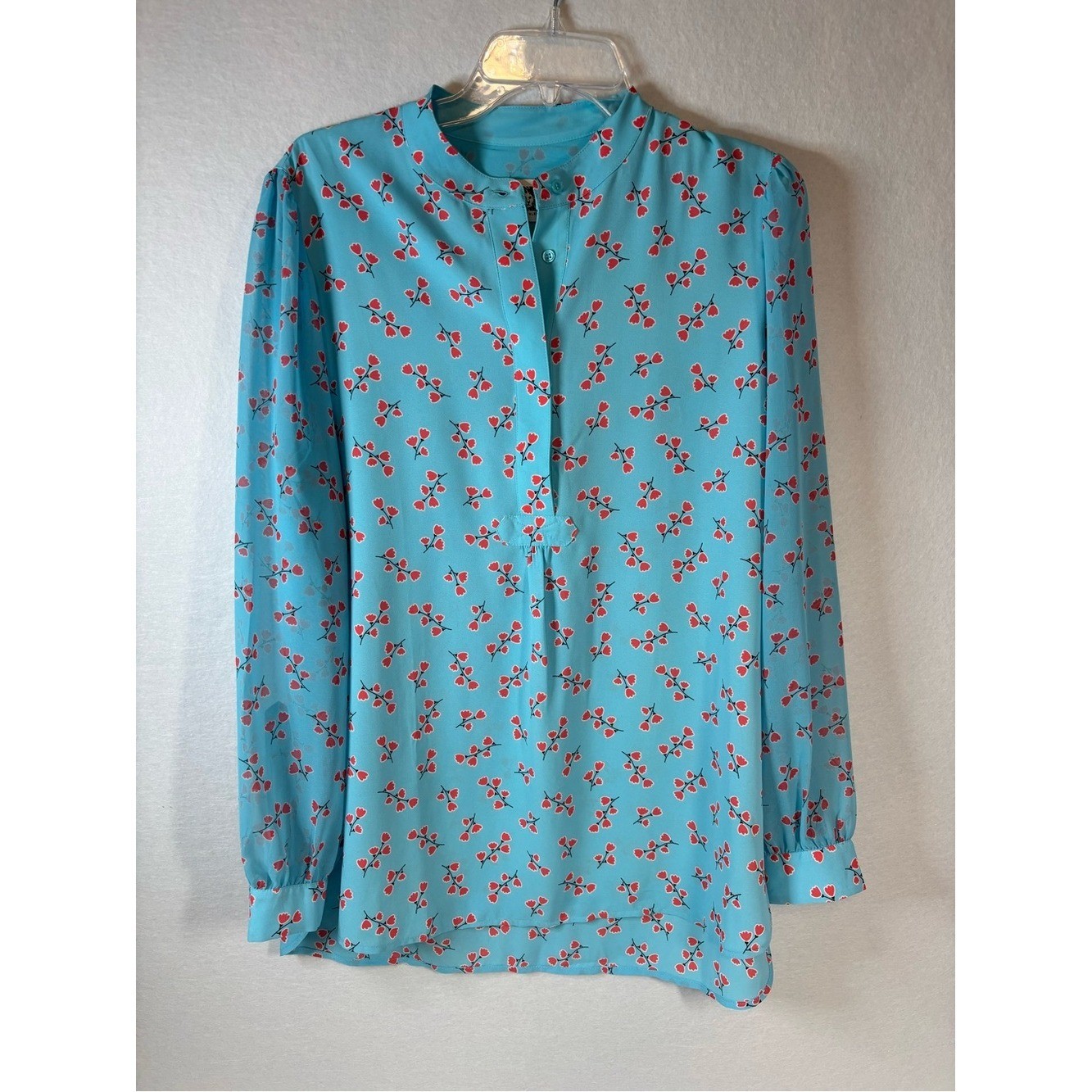 Turquoise Blue Floral Long Sleeve Blouse Band Collar Hidden Button Top Womens L