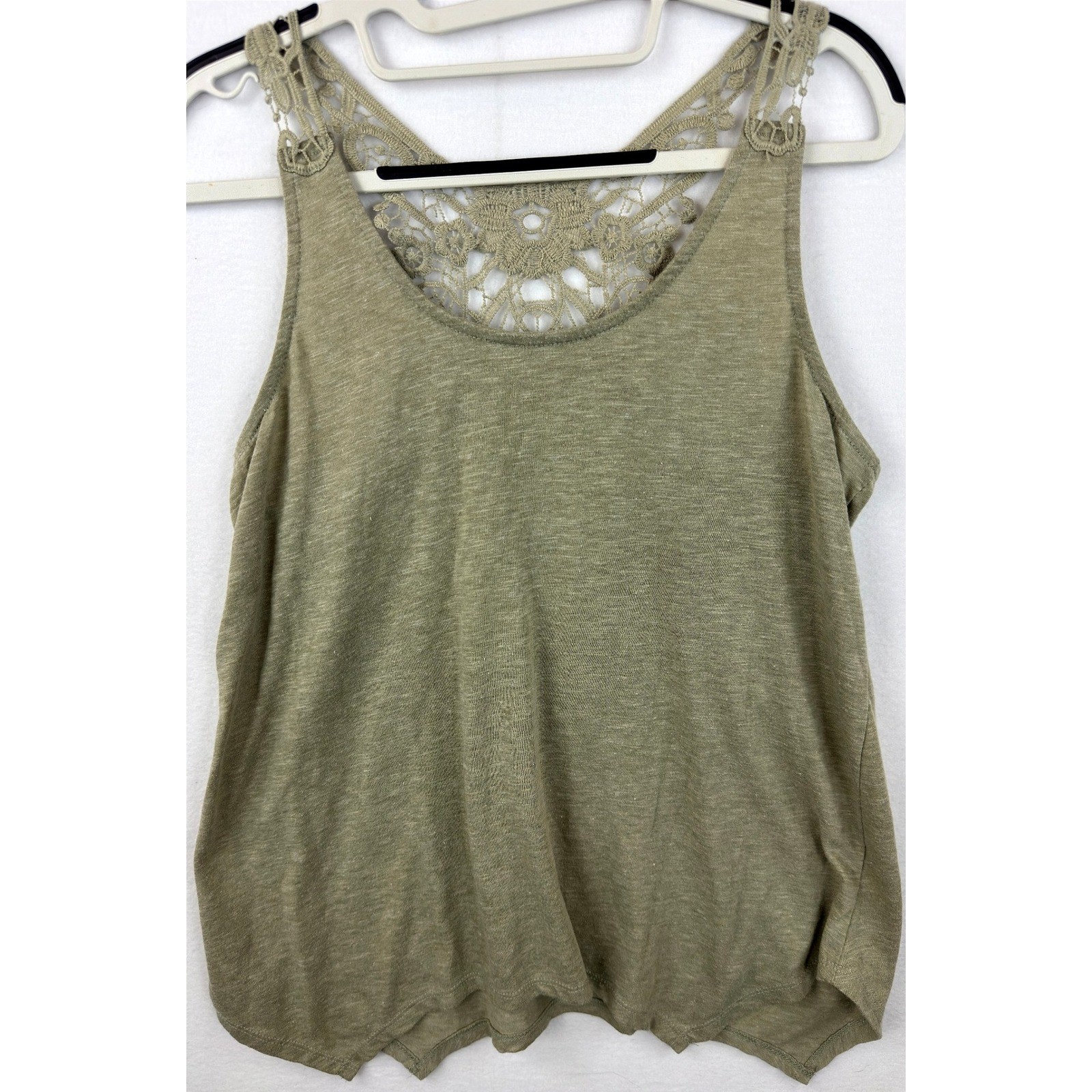 American Rag Cie Crochet Lace Back Tank Top Womens Medium Olive Green Boho Knit