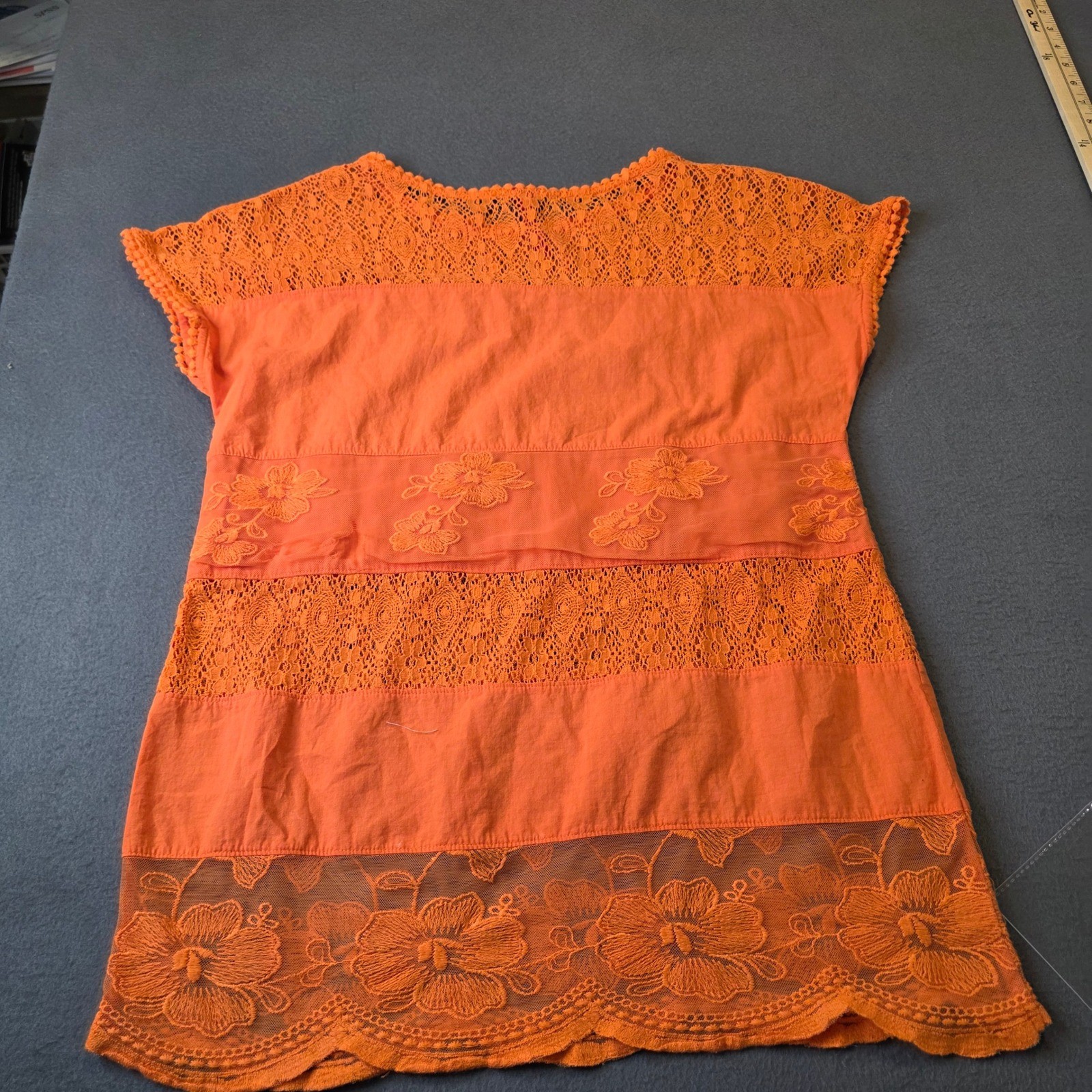 Ruby Ribbon Orange Lace Floral Embroidered Tunic Top XS Sheer Peekaboo