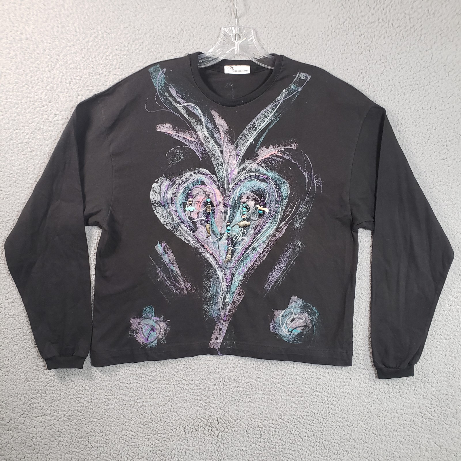 Upcycled Artsy Shirt Womens Large Black Painted Heart Beaded Gypsy Festival Boho