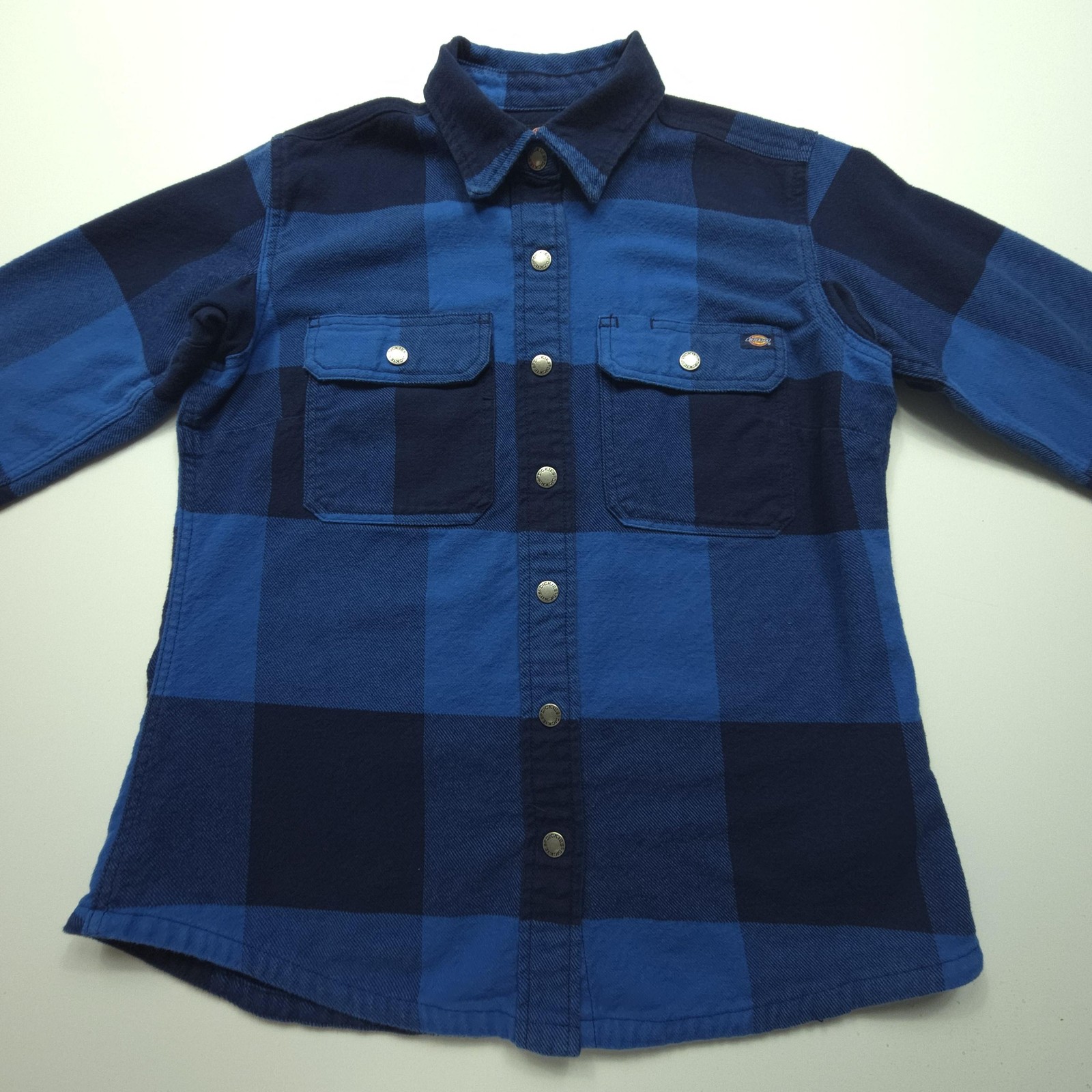Dickies Womens Shirt Small Blue Plaid Flannel Snap Front Elbow Patches Workwear