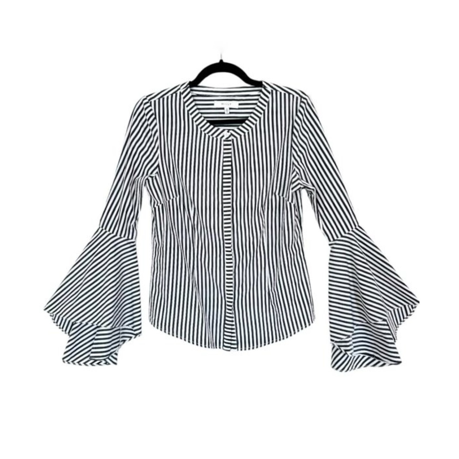 Milly Blouse Women’s Size 6 Charcoal Gray White Michelle Striped Bell Sleeve Top