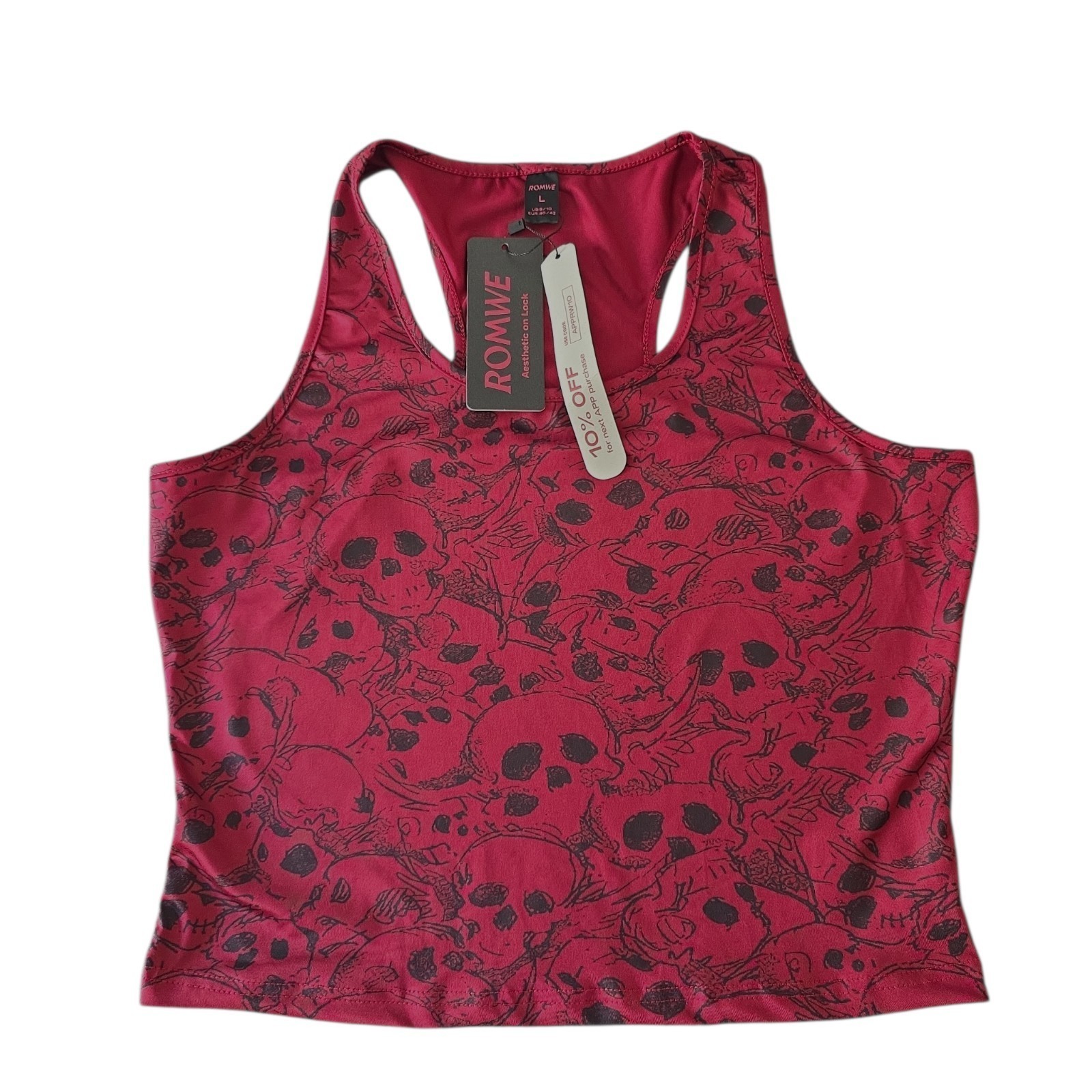 ROMWE L Skull Print Racerback Crop Tank Top Pink Black Goth Alt Y2K NWT