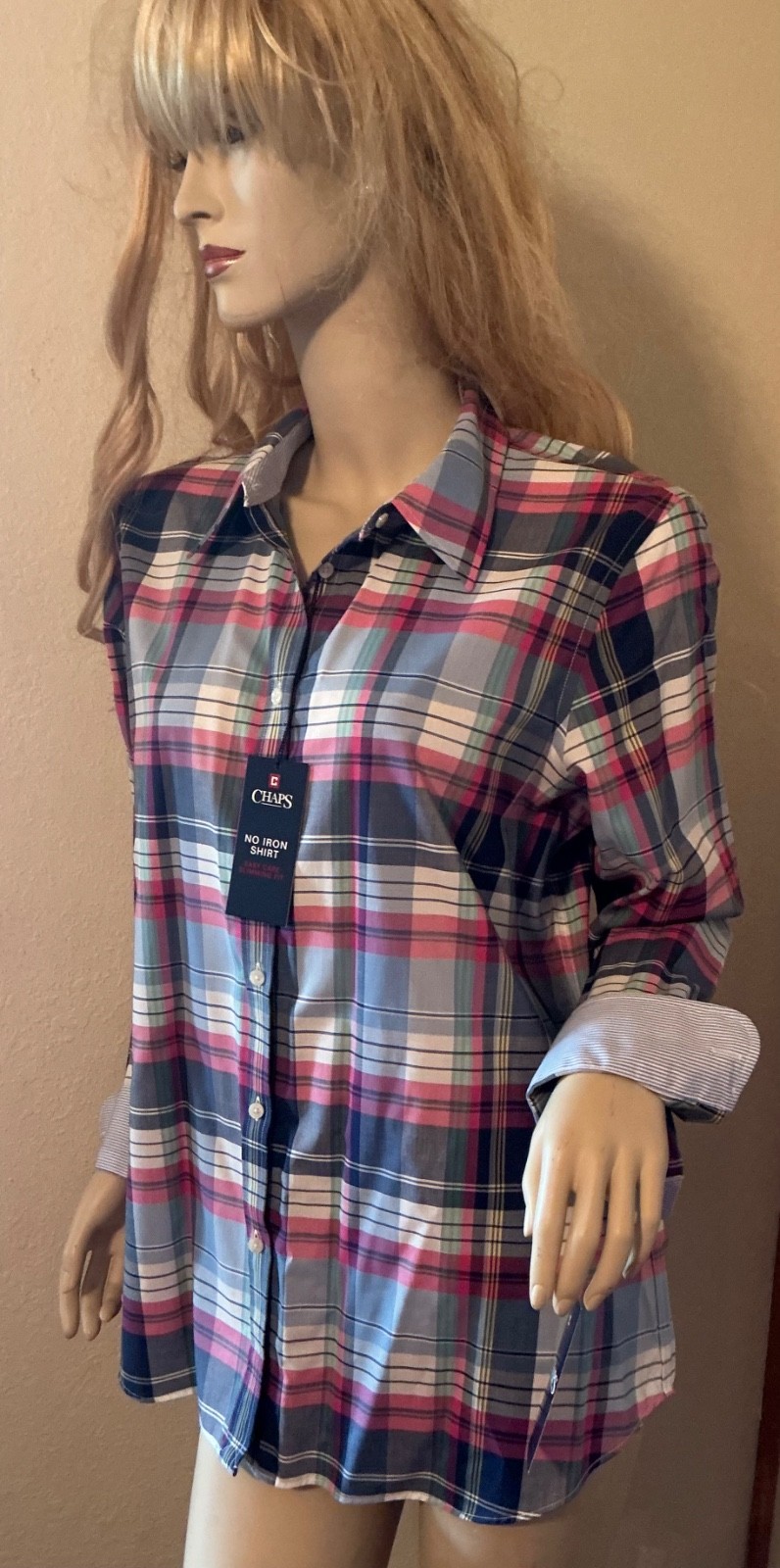 CHAPS Prettiest PLAID in PINKS BLUES Blouse STRIPED Accents XL