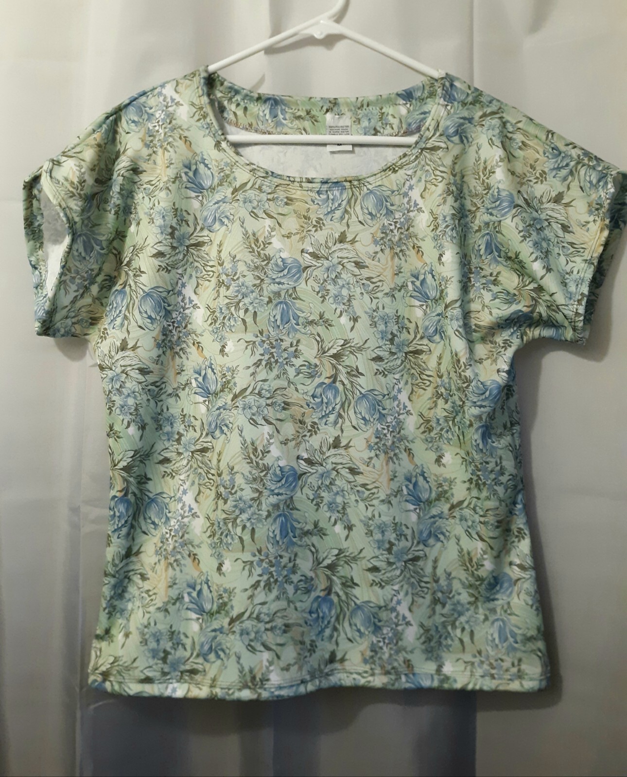 New Floral Knit Blouse M Mint Blue Scoop Dolman Short Sleeve Top Light & Breezy