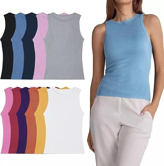 Women Tank Top Multi Colors Basic Ribbed Sleeveless Shirts 100% Cotton 12 PAIRS